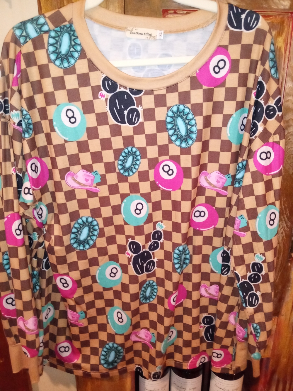 Southern Stitch Brown Checkerboard Novelty  Pajama Top&Short Brown/Multi
